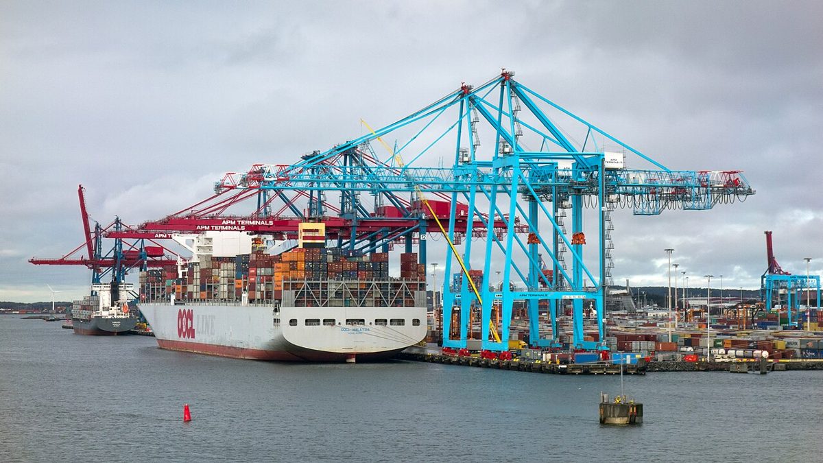 Container ship being loaded at a port